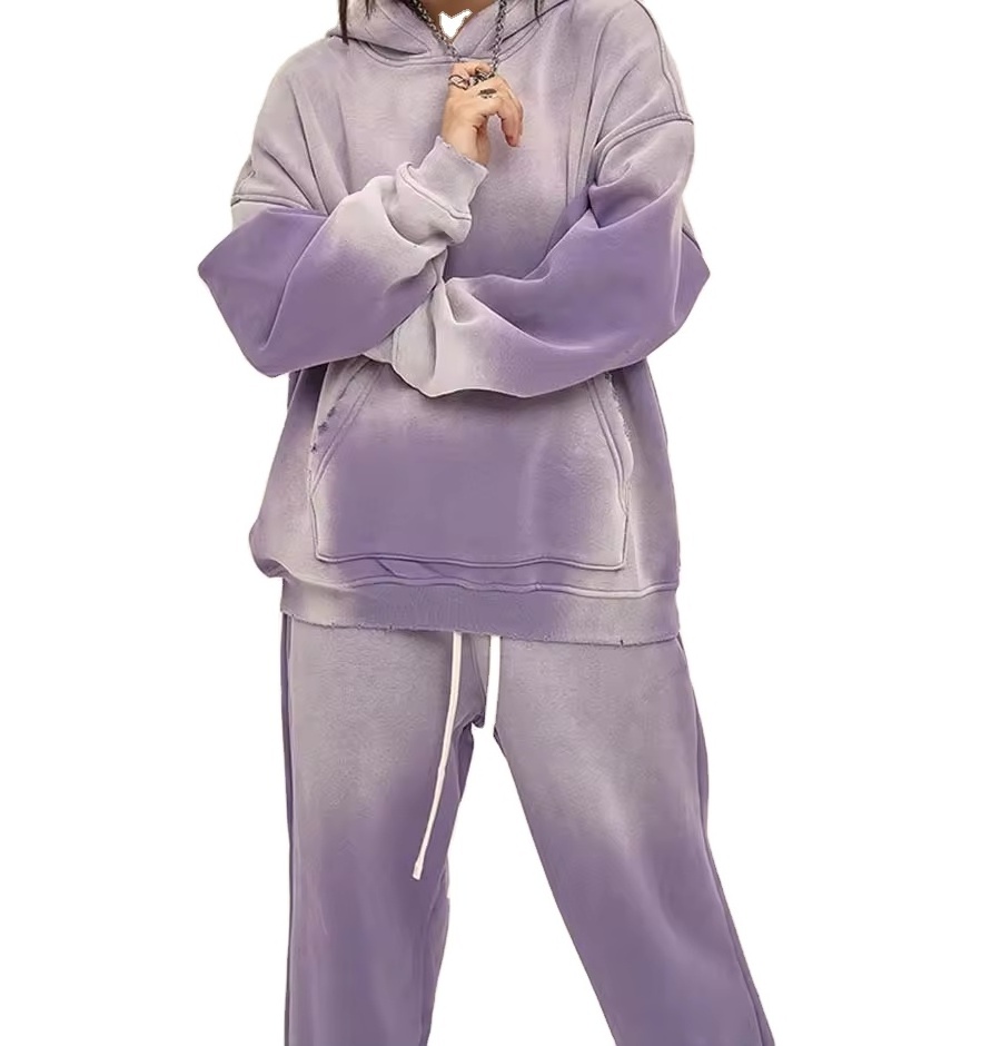 500GSM Skin-friendly Fleece Tracksuit Custom Purple Sun Faded Tracksuit Raw Edge Distressed Tracksuit