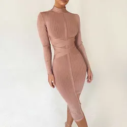 Style Nude Women Sexy Dresses Casual Long Sleeve Long Skirt Plain V Neck Sweater Mini Knit Dress For Ladies nude women dress