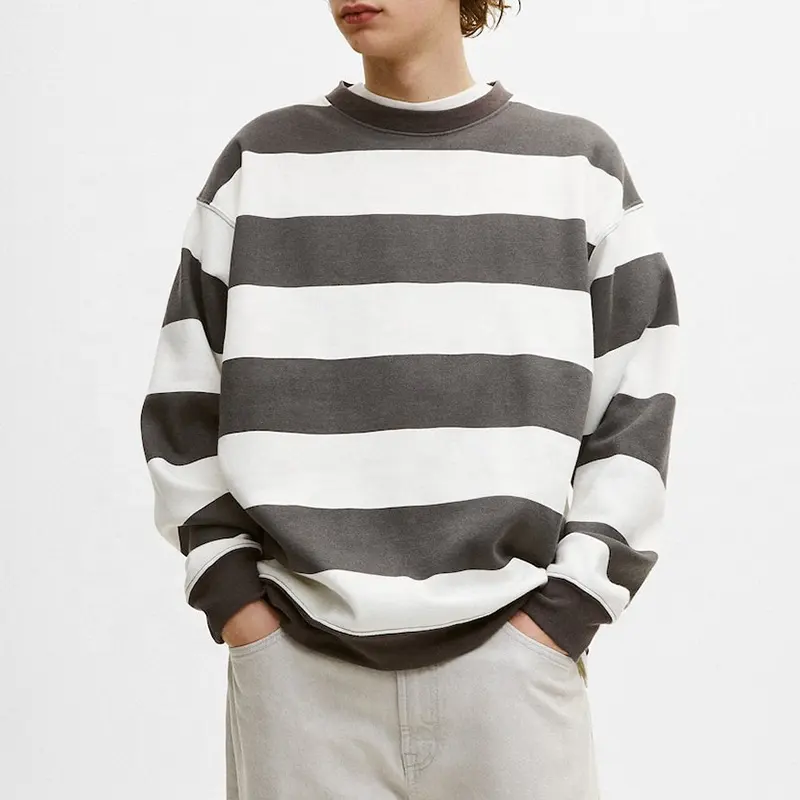 New design White and Black Striped Men's Sweatshirt Custom Logo Crew Neck  Hoodie Heavy Weight Long Sleeves Sweatshirt