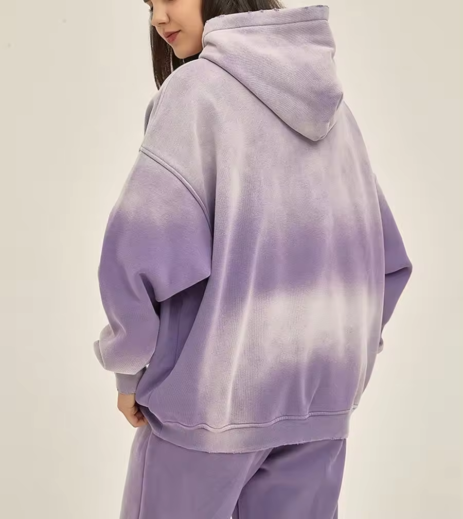 500GSM Skin-friendly Fleece Tracksuit Custom Purple Sun Faded Tracksuit Raw Edge Distressed Tracksuit