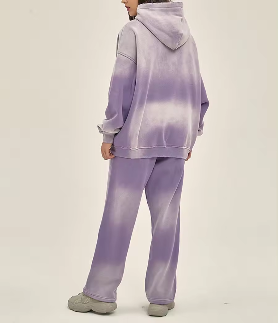 500GSM Skin-friendly Fleece Tracksuit Custom Purple Sun Faded Tracksuit Raw Edge Distressed Tracksuit