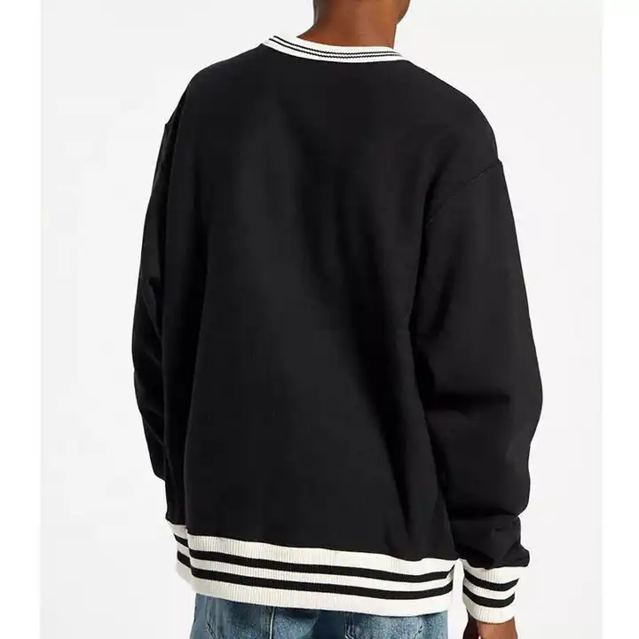 unisex varsity sweatshirt striped ribbed collar crewneck pullover custom high quality cotton oversized mens crewneck sweater