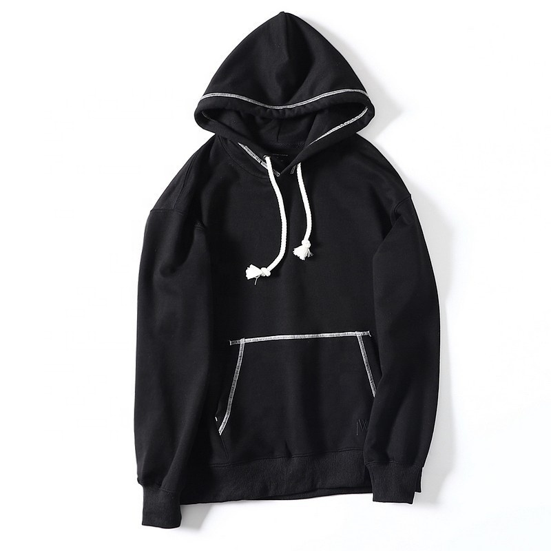 oversized 100% cotton hoodie with string drop shoulder french terry black hoodie white stitching