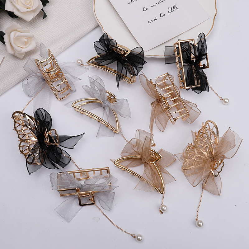 wholesale gold metal claw clip with tassel butterfly clips claw bow knot pearl hair claw clips