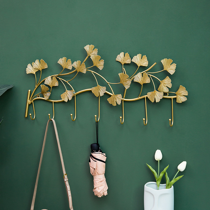 YJL Factory Modern 5 Hooks Wall Organisation Creative Golden Ginkgo Leaves Metal Hanging Coat Racks Storage Hooks Wall Hooks