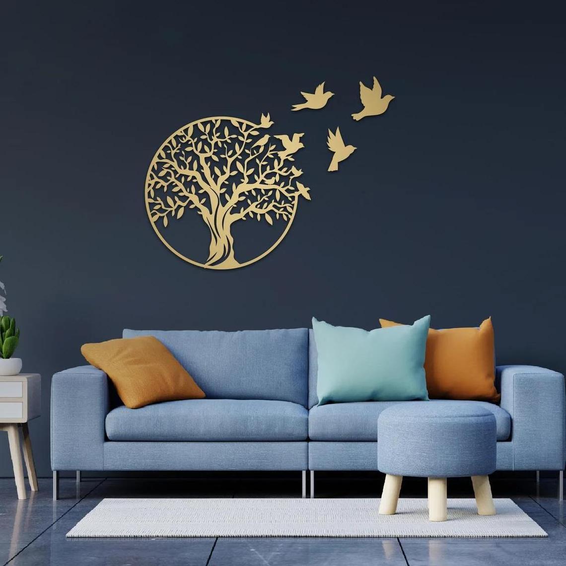 YJL  custom decoration easy to hang sturdy metal family tree living room wall decoration tree bird wall art for home decoration