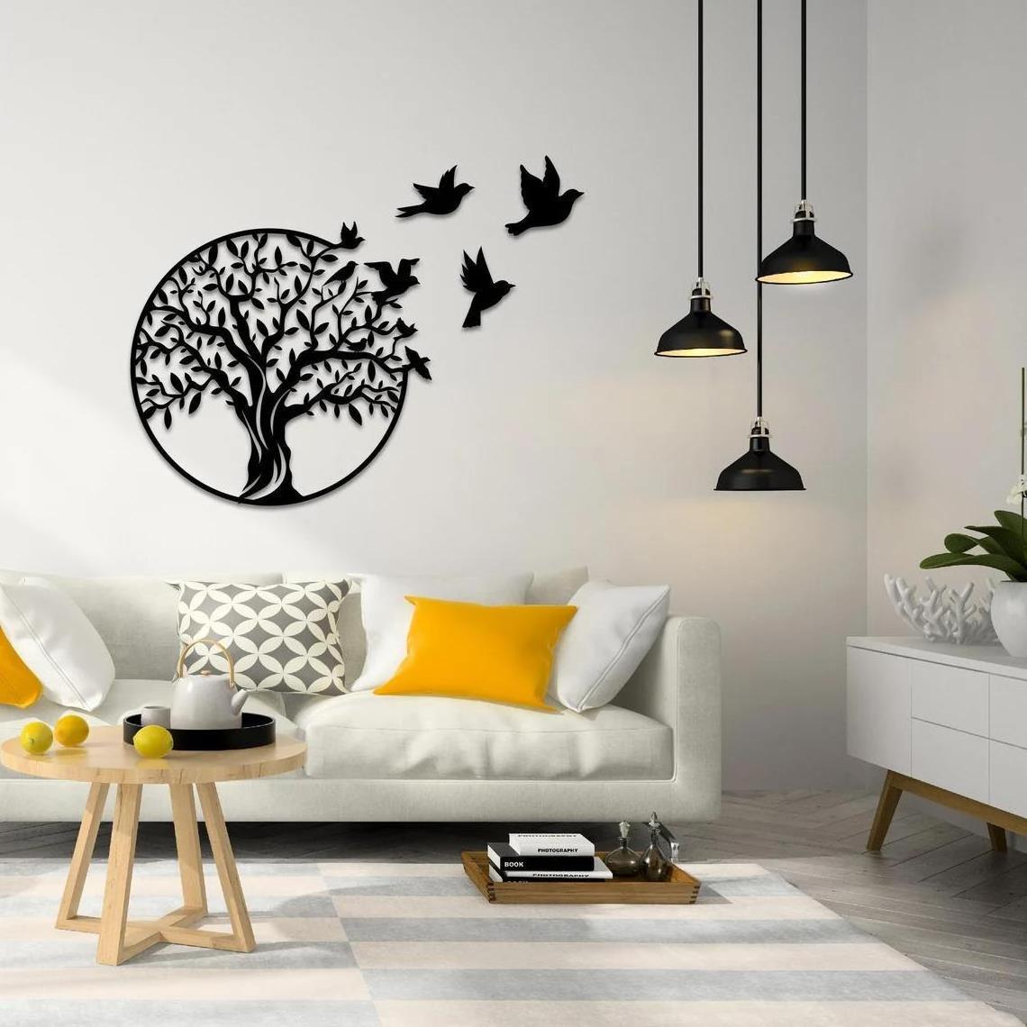 YJL  custom decoration easy to hang sturdy metal family tree living room wall decoration tree bird wall art for home decoration