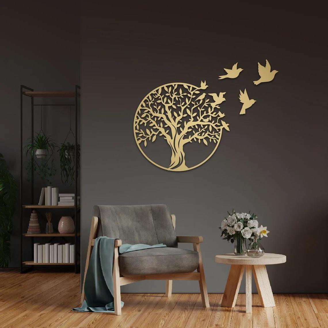 YJL  custom decoration easy to hang sturdy metal family tree living room wall decoration tree bird wall art for home decoration