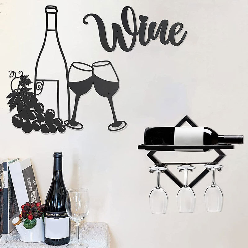 YJL Personalized Wine Theme Word Sign Black Wall Arts Living Room Wine Bottle Grapes Metal Arts Metal Wall Decor Metal Wall Art