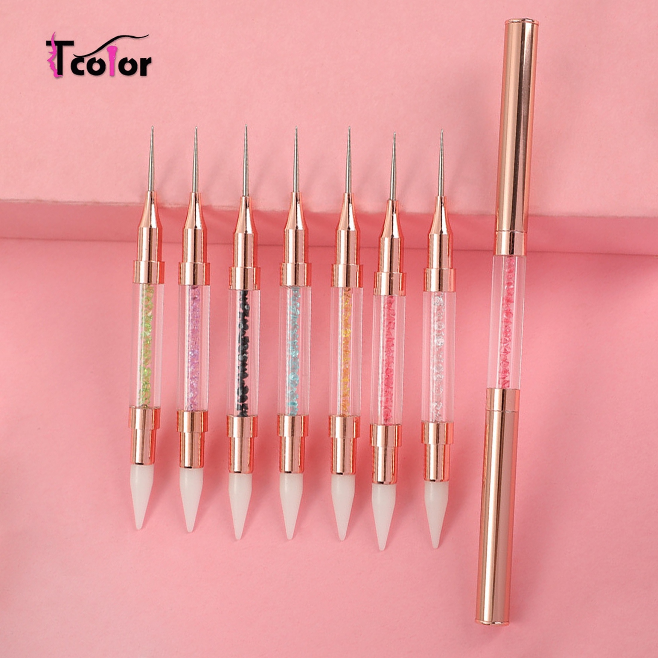 Rose Gold Nail Art Brush Double Head Dotting Wax Picker Pen for Nails Rhinestone