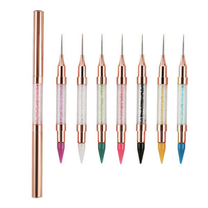 Rose Gold Nail Art Brush Double Head Dotting Wax Picker Pen for Nails Rhinestone