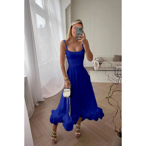 2024 Custom Suspender Large Swing Plain A-Line Skirt Long Dresses Sleeveless Sexy Sun Dresses Black Slip Petal Hem Midi Dress