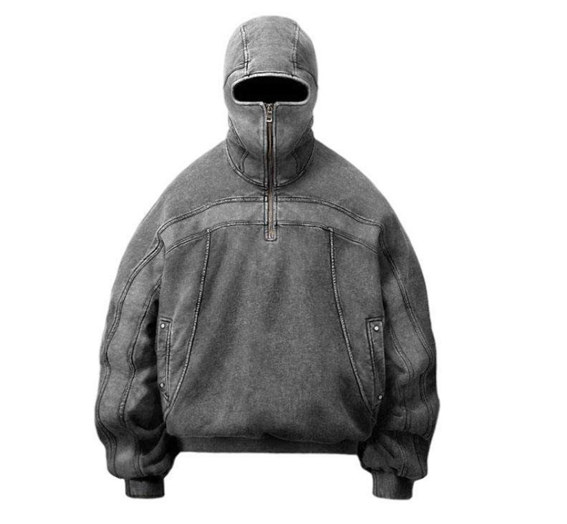 2024 New Design Low Moq Wholesale Drop Shoulder Acid Wash Vintage Hoodie Men Full Face Hood Half Zip Up Retro Ninja Hoodie