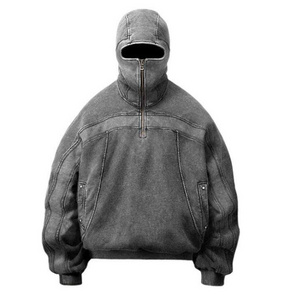 2024 New Design Low Moq Wholesale Drop Shoulder Acid Wash Vintage Hoodie Men Full Face Hood Half Zip Up Retro Ninja Hoodie