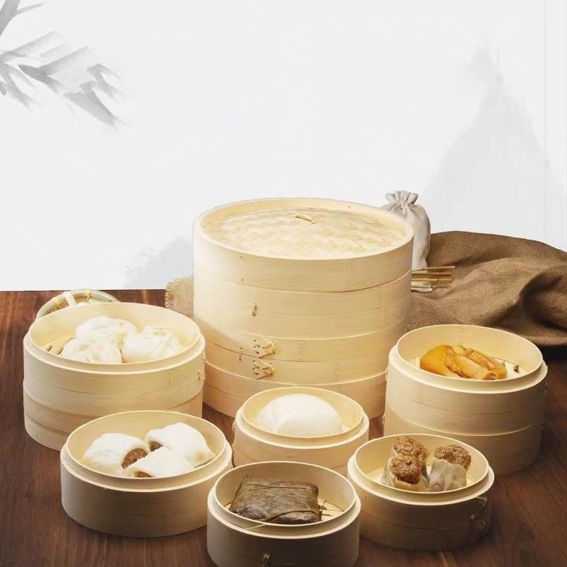 Custom Label Traditional 2 Tier Design food bamboo steamer for Dim Sum Dumplings Buns Seafoods Rice Asian Foods