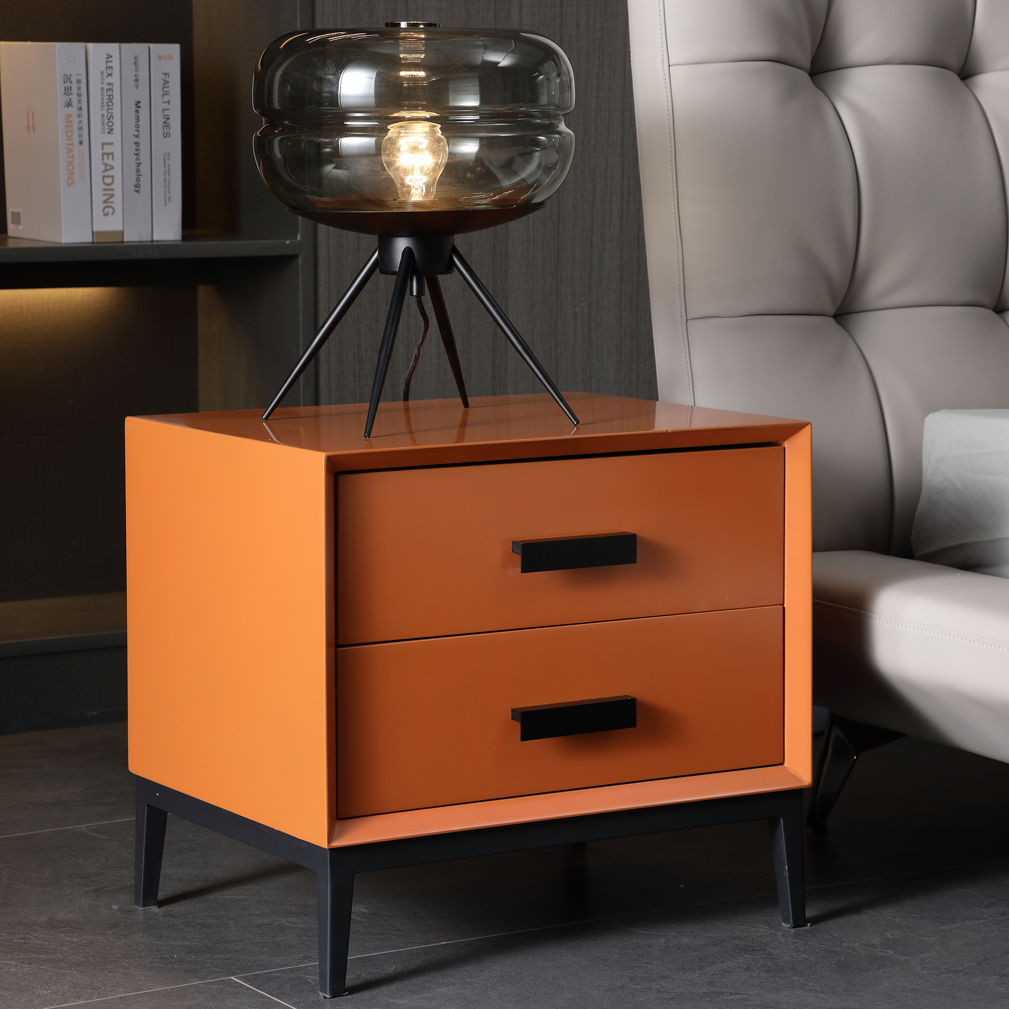 New luxury hotel bedroom furniture modern solid wood lacquered nightstand double drawer multifunctional practical nightstand