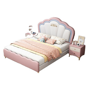 Comfortable home type children's bed solid wood frame leather upholstered bed with storage cabinet children's room bedroom se