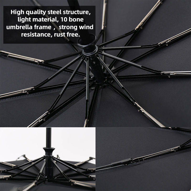 Umbrella supplier travel umbrella black pongee waterproof auto open Paraguas 8 10 12 ribs 3 Folding UV Automatic umbrella