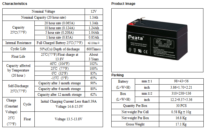 NEATA 12V 1.3AH Sealed Lead Acid Elevator Battery Rechargeable Maintenance Free AGM Batteries