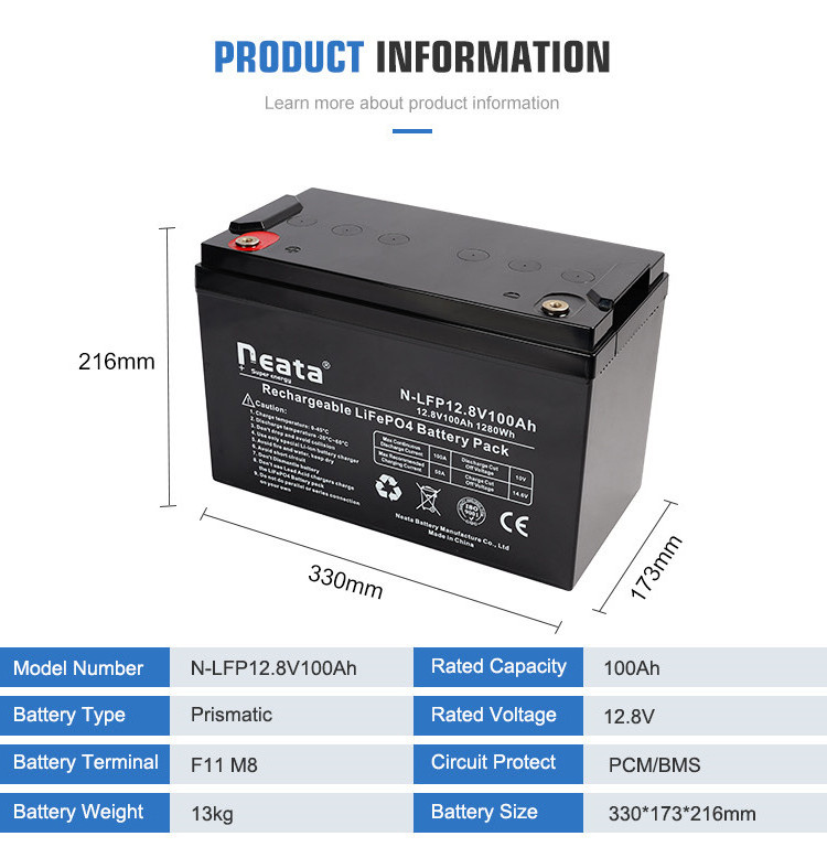 Neata Rechargeable Generator Emergency Backup Long Life LiFePO4 12.8V 100Ah Bateria De Litio Para Panel Solar