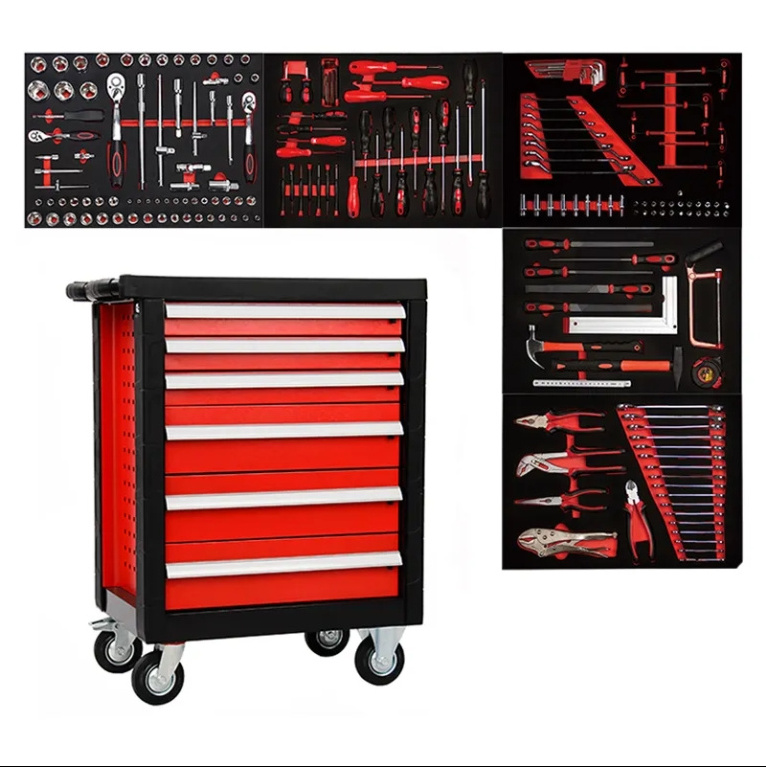 Neatly Popular Auto Repair Lockable seven-drawer Red tool cabinet with 196pcs Hand Tool Sets for Garage Storage