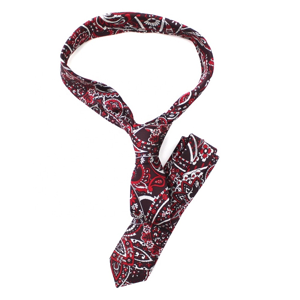 China Wholesale Microfiber Polyester Woven Fabrics Pre-tied Slim Skinny Red Classic Paisley Custom Patterned Boy Necktie