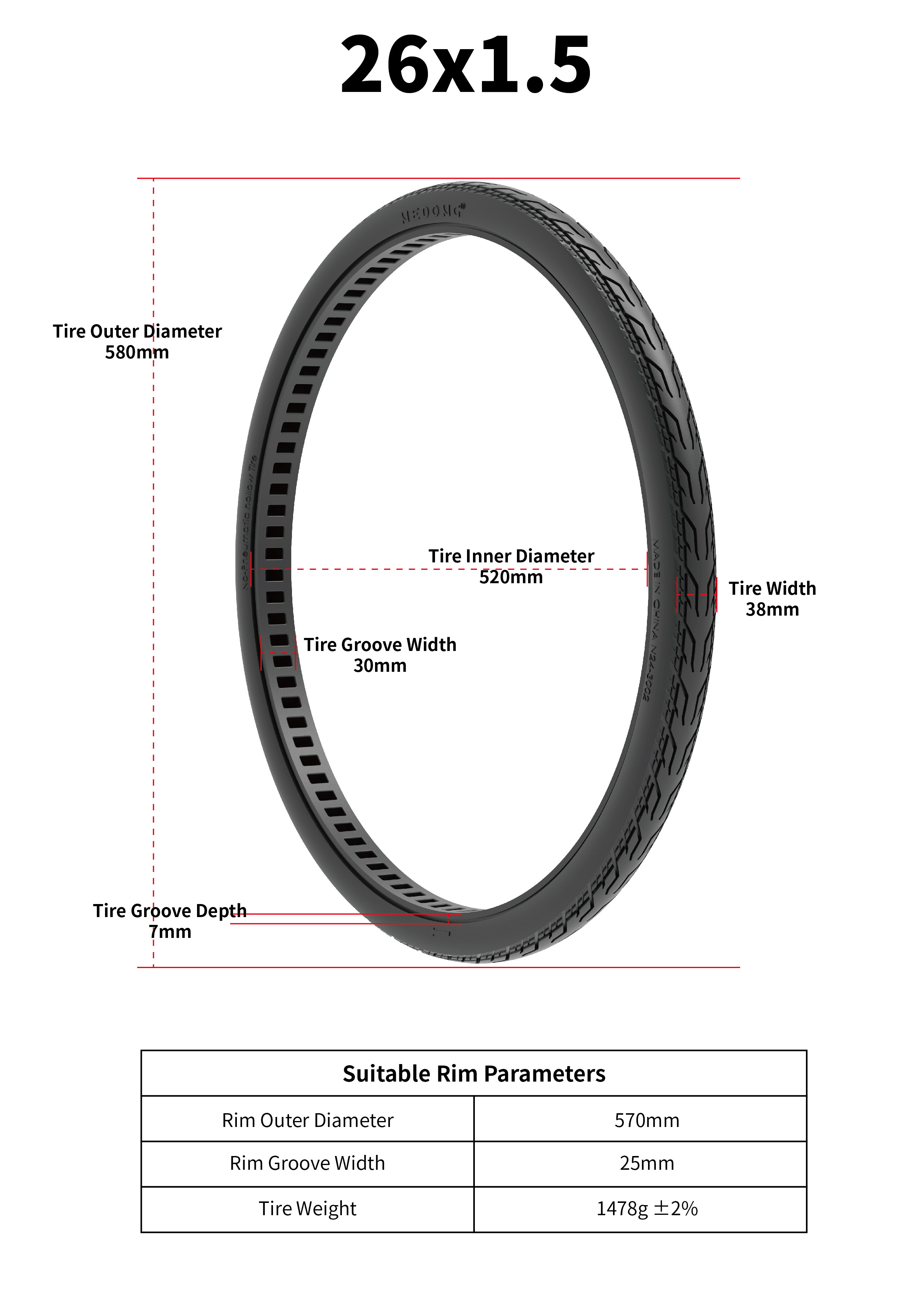 Nedong electric bike tyres 26 inch 26x1.5 airless solid rubber tyre for elektrik bike electric bicycle