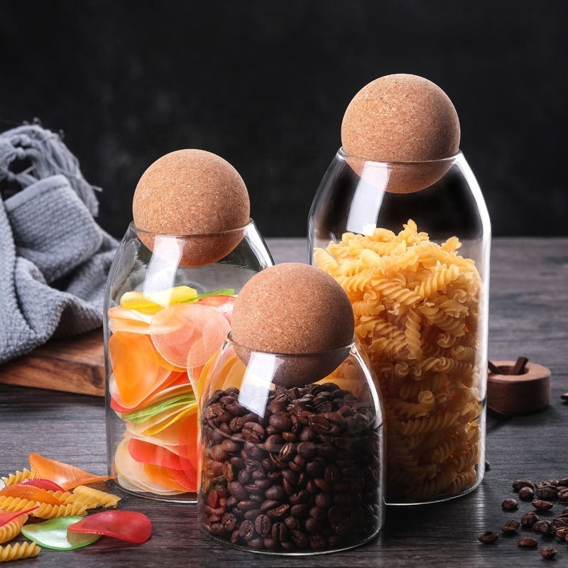 NEW Small Borosilicate Round Glass Jars with Ball Shaped Cork Glass Food Storage Container