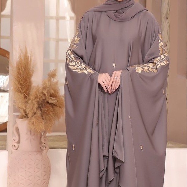 New Arrival 2023 Eid Al-Adha Luxury Kimono Cardigan Embroidery Grey Color Butterfly Abaya Umbrella Style Modest Nidah Chiffon