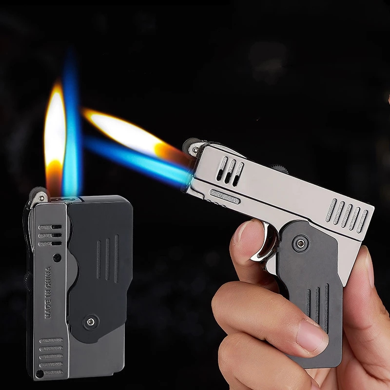 Metal feuerzeug Double Deformation Pistol Gun Butane Gas Lighter Free Fire Jet Torch Windproof Cigar Flint Grinding Lighters