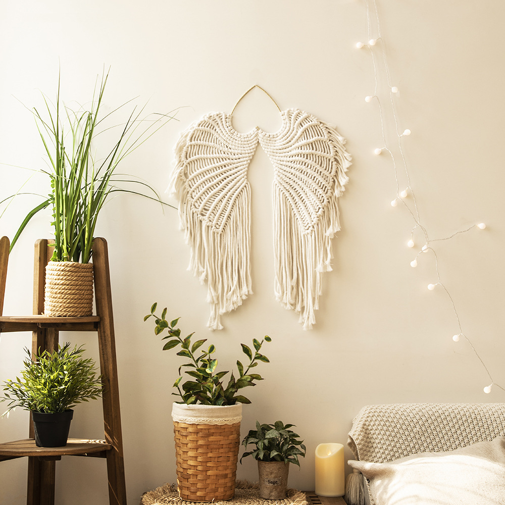 Bohemian Style Angel Wings Woven Tapestry Hand-woven Cotton Pendants Tassel Wall Hanging Tapestries Home Living Room Decoration