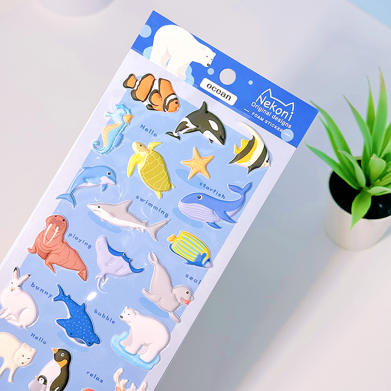 Nekoni Original Puffy Stickers Penguin Dinosaur Ocean Wild Animal Stickers Cute Cartoon Waterproof Foam Stickers