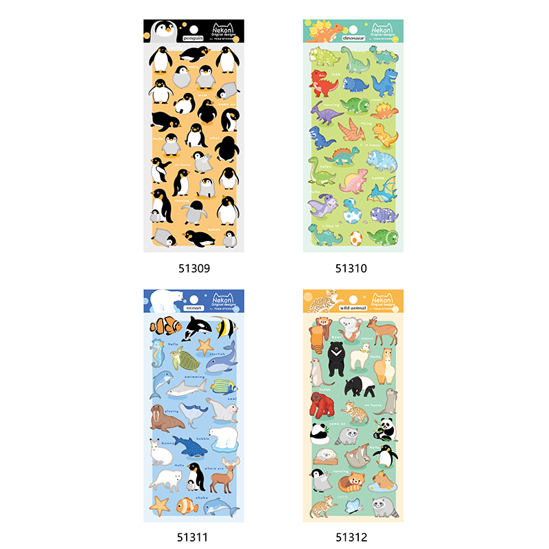 Nekoni Original Puffy Stickers Penguin Dinosaur Ocean Wild Animal Stickers Cute Cartoon Waterproof Foam Stickers