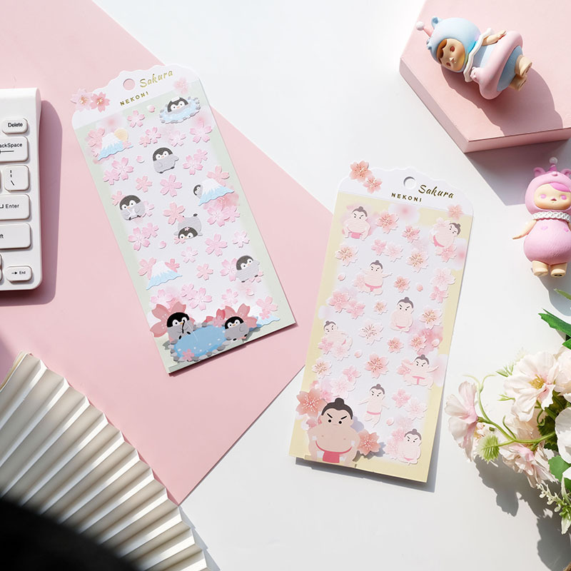 Nekoni Original Design PVC Aesthetic Stickers Decals Animal Sticker Japanese Cherry Blossom Festival Sakura Washi Stickers