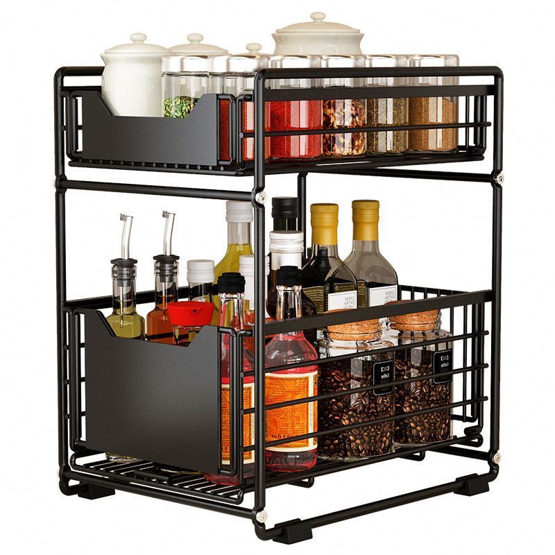 Save Storage Space Sliding Cabinet Basket Organizer, Kitchen Bathroom Sliding 2 Floors Under Sink Shelving