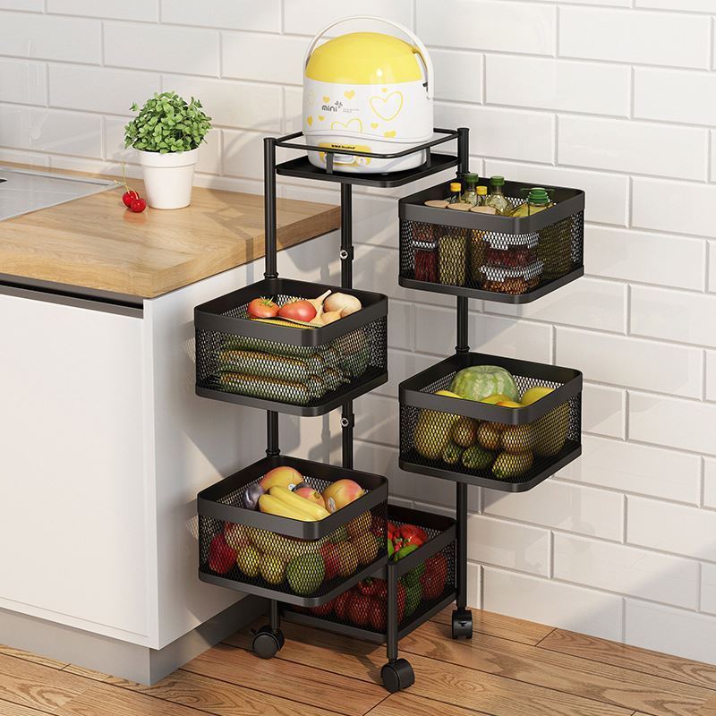 Square Standing Kitchen Shelf Unit Rotating Vegetable Rack Floor Storage