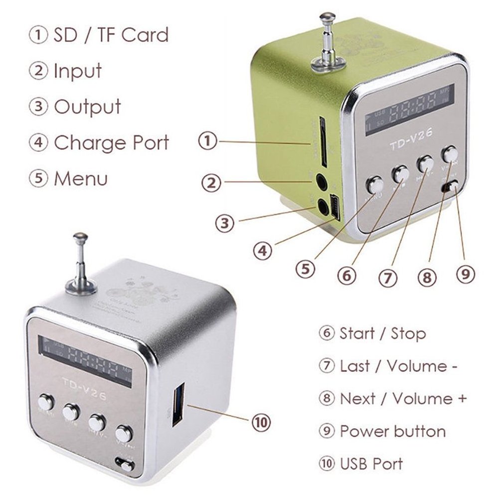 TD-V26 Portable Mini BT Speaker Box Digital TDV26 Fm Radio Speaker USB SD Card Player for Phone Pc Music Player