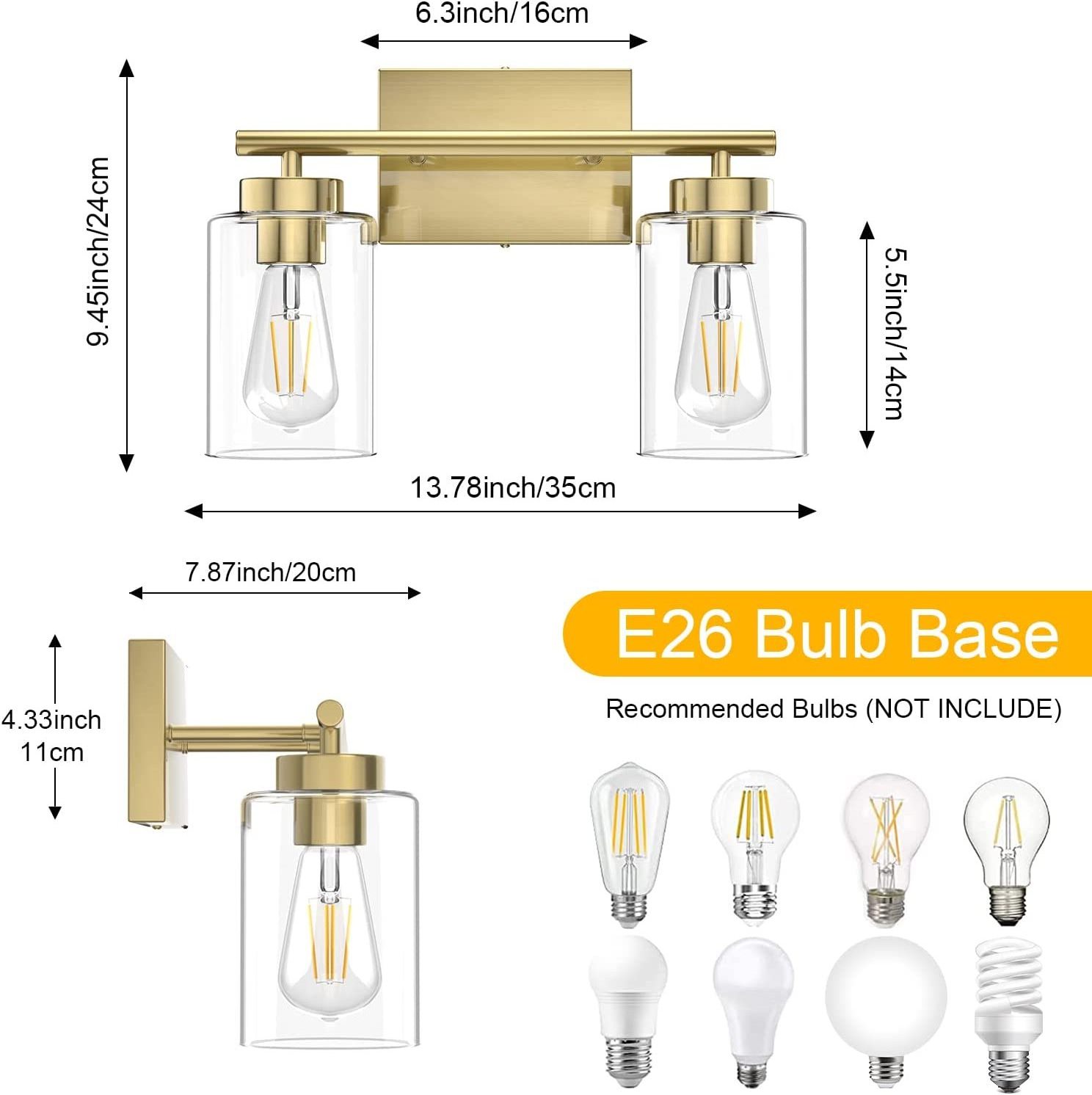 2 Light Modern Bathroom Vanity Wall Lamp Bedroom Kitchen Satin brass Wall Sconce Light with E26 LED Bulbs