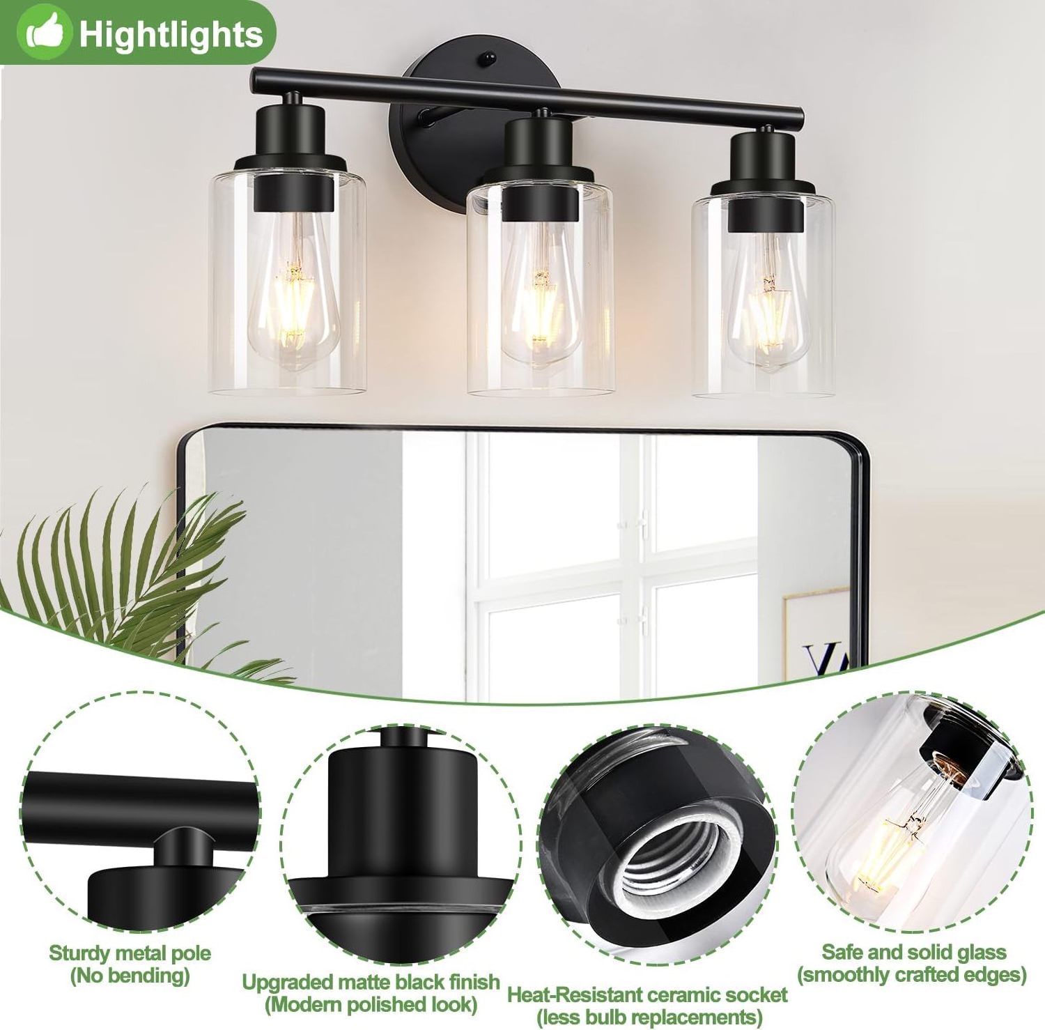 Bathroom Mirror Modern farmhouse wall light fixture, waterproof black courtyard light outdoor wall light with clear glass lampsh