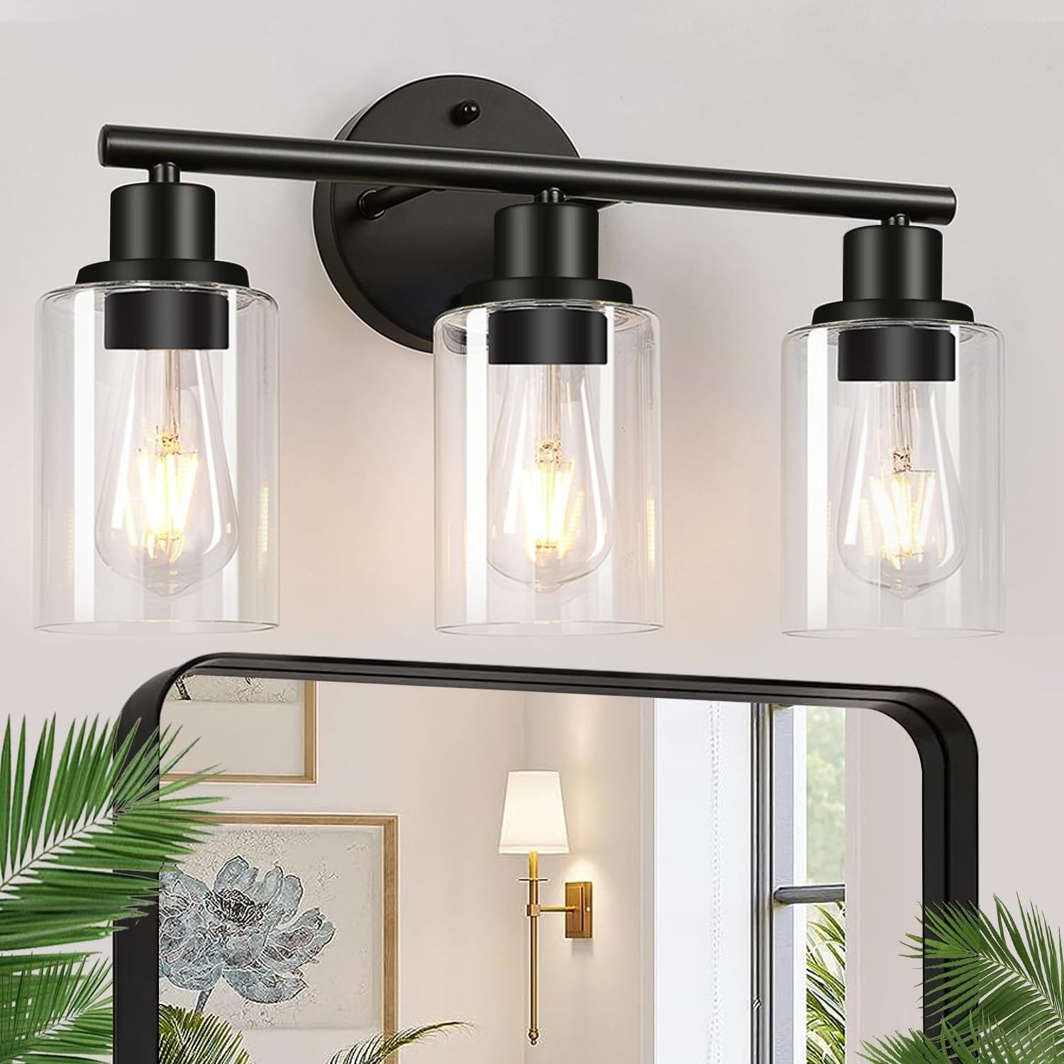 Bathroom Mirror Modern farmhouse wall light fixture, waterproof black courtyard light outdoor wall light with clear glass lampsh