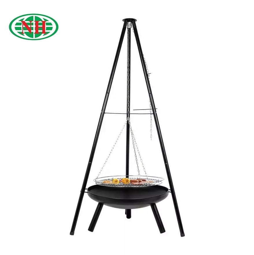 Garden charcoal & wood camping hanging tripod fire pit bbq grill