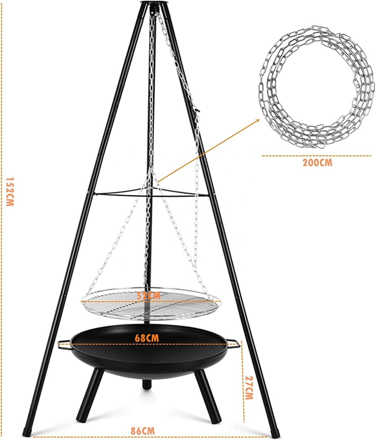 BSCI Factory BBQ Cooking Corten Steel Tripod Hanging Fire Pit