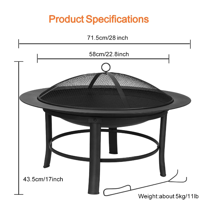 28 Inch Outside Large Bonfire Wood Burning  Patio Backyard Charcoal Fire Pit