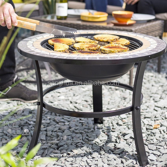 Mosaic Fire Pit with Barbecue Grill and Spark Lid Outdoor Table