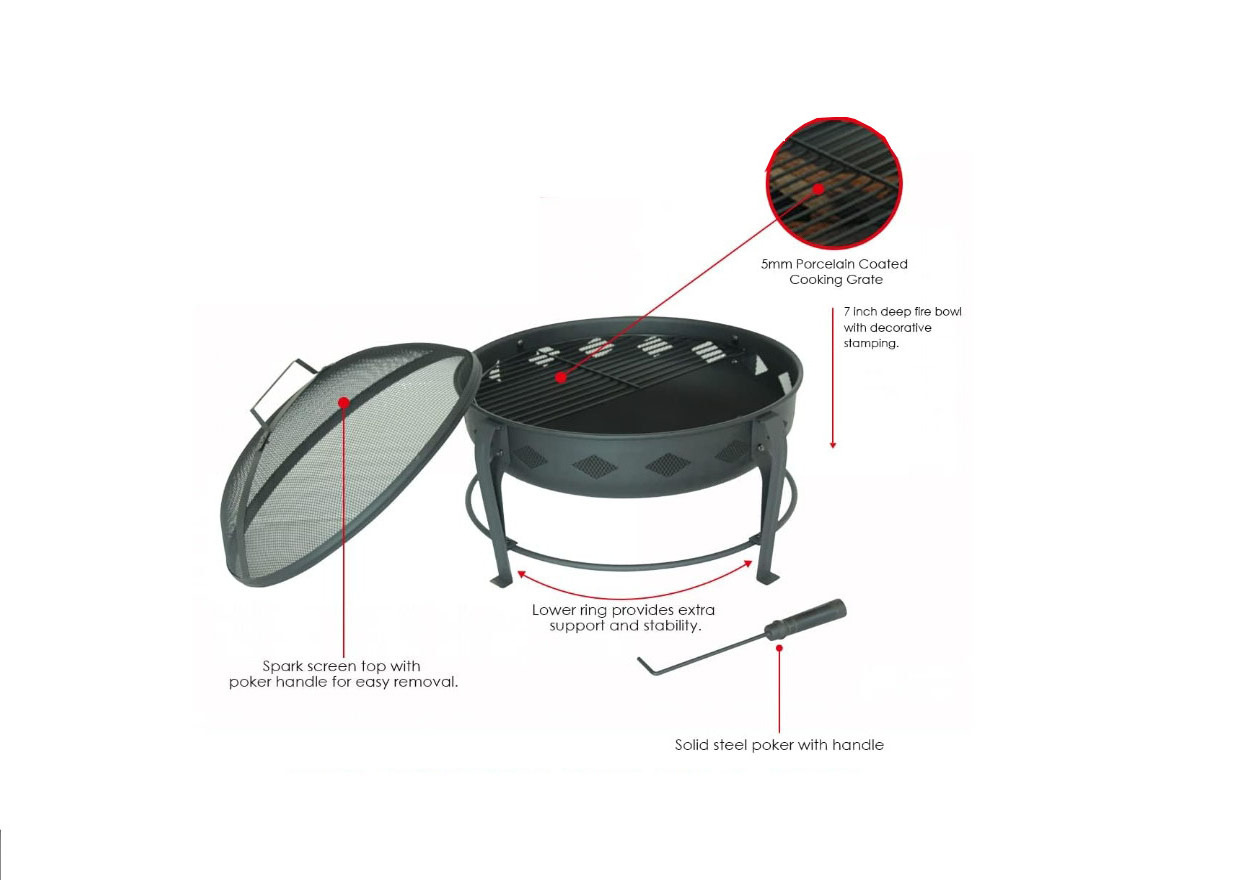 Black Round Firepit  Outside BBQ Grilling  Outdoor Picnic Fire Pit