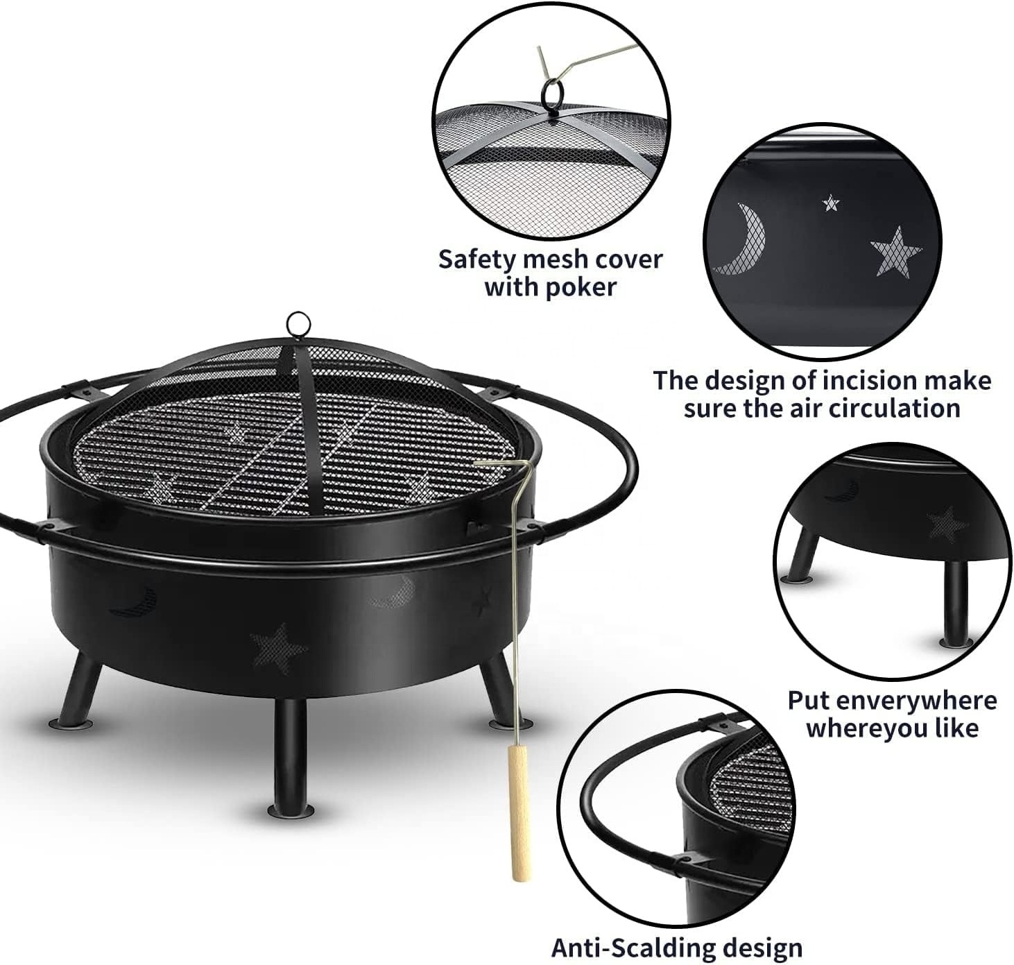 24inch Fireplace Wood Burning Patio Firepit Outdoor with waterproof cover and cooking grid