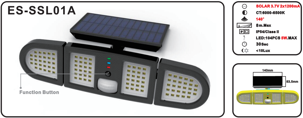 ES-SSL01A  Led Solar Wall Light 3 Head Motion Sensor Lights Adjustable 104 LED IP54 Solar Security Light