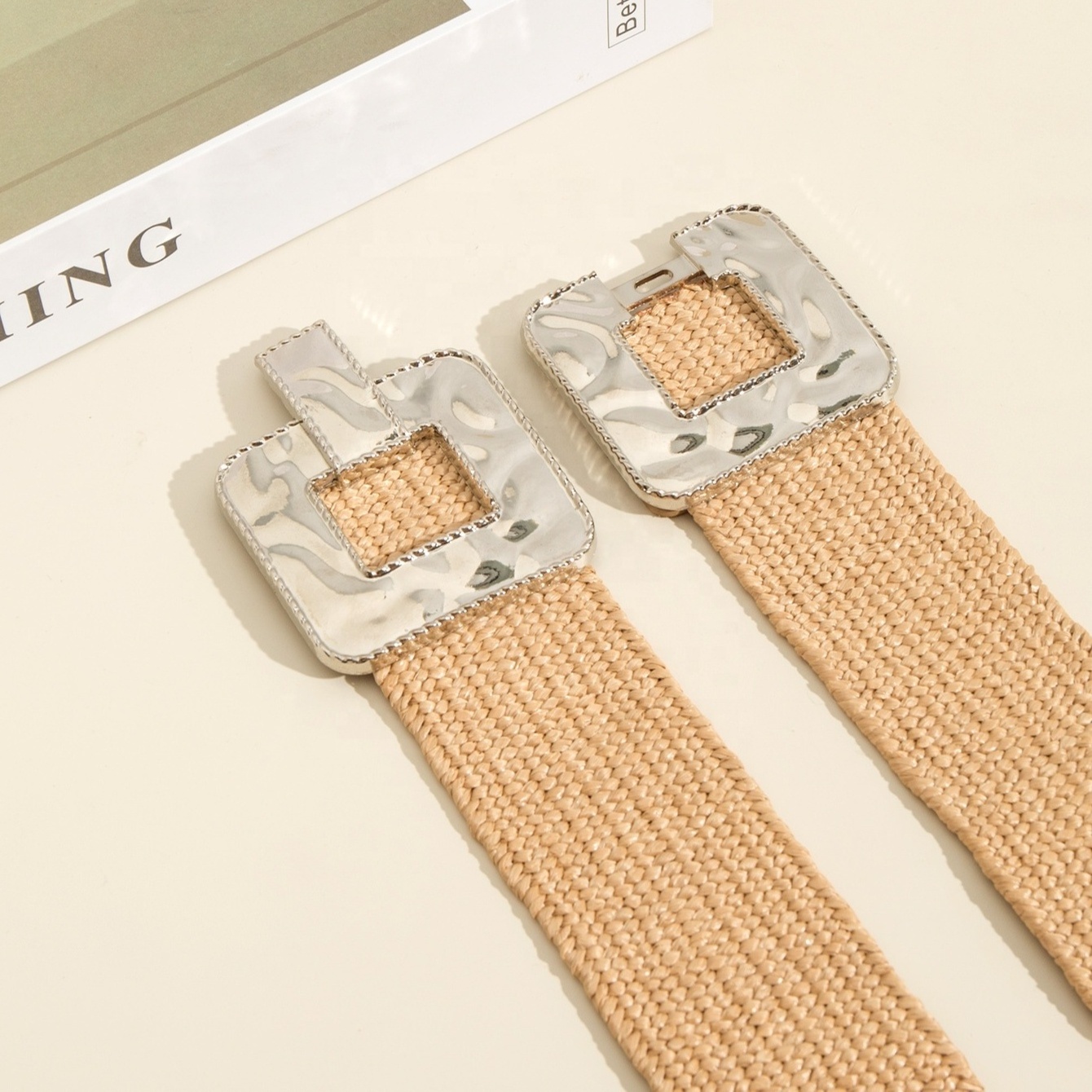 Wholesale Lightcor Symmetrical Lights buckle women belts Straw Woven Belt Elastic Wide straw raffia belt for women