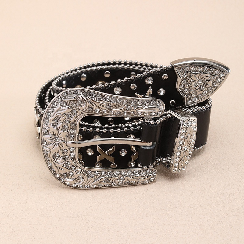 wholesale Luxury Western Cowboy Buckle Studded Rhinestone belts  PU leather diamond bling bling belts bb simon men  belt