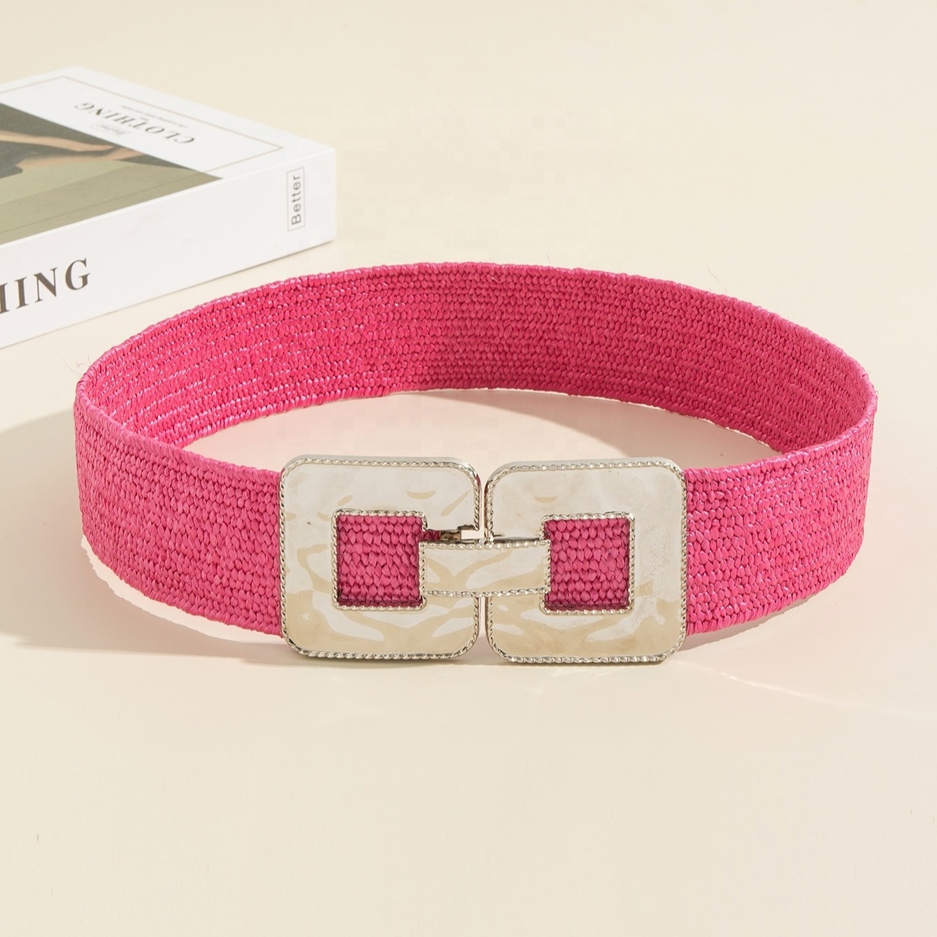 Wholesale Lightcor Symmetrical Lights buckle women belts Straw Woven Belt Elastic Wide straw raffia belt for women